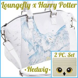 LOUNGEFLY HARRY POTTER Hedwig Sketch SATCHEL CROSSBODY BAG & CARDHOLDER SET! Owl